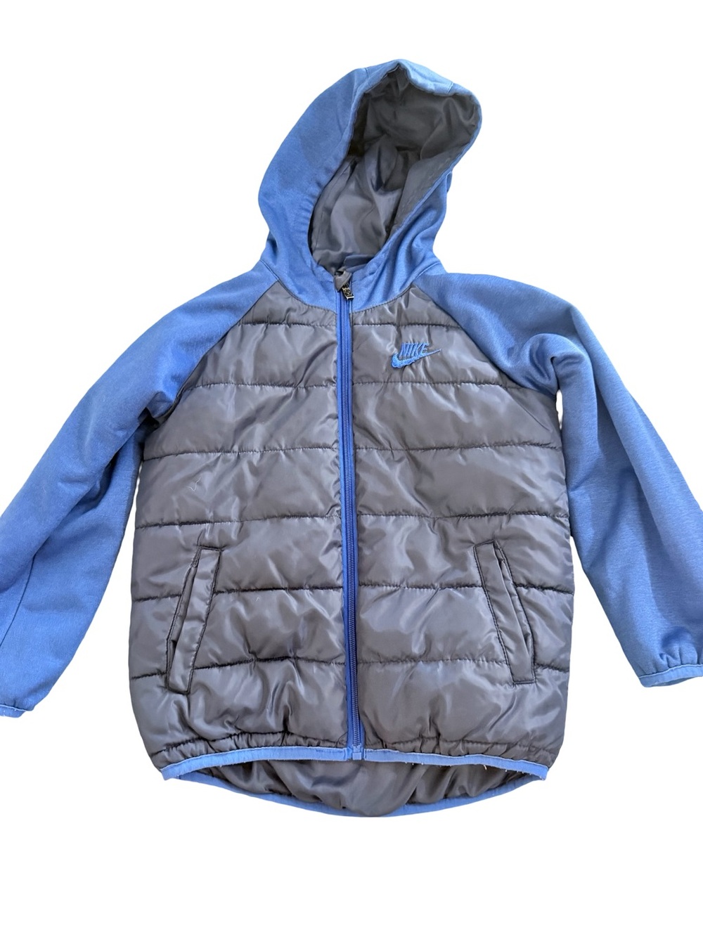 Nike Kids Blue & Gray Hooded Puffer Jacket with Fleece Sleeves